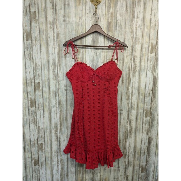 NWT Saints+Secrets Red Eyelet Mini Dress Ruffle Tie Straps Date Night Sexy Sz M - Picture 1 of 10